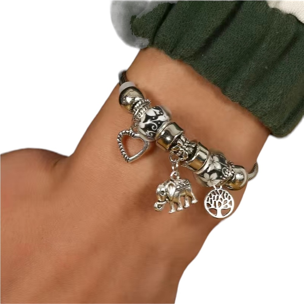 Boho Style Silver Stainless Steel Elephant Charm Bracelet